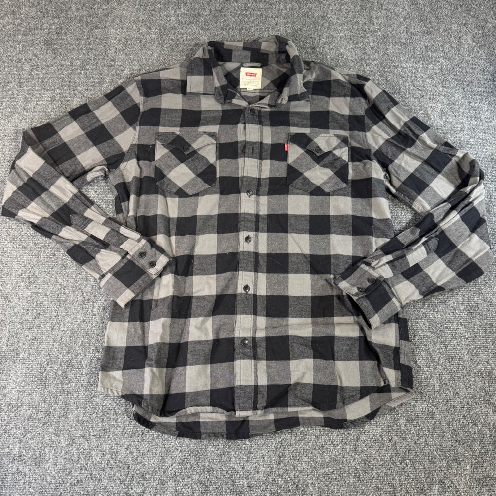 Levis Mens Buffalo Plaid Button Down Shirt Grey Black‎ Long Sleeve 3LGLW1835 L